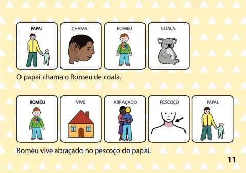 Ilustrações de um pai chamando seu filho Romeu de coala e Romeu vivendo abraçado no pescoço do pai.