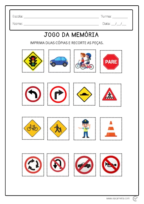 Imagem de um jogo da memória com sinais de trânsito e instruções para imprimir e recortar.