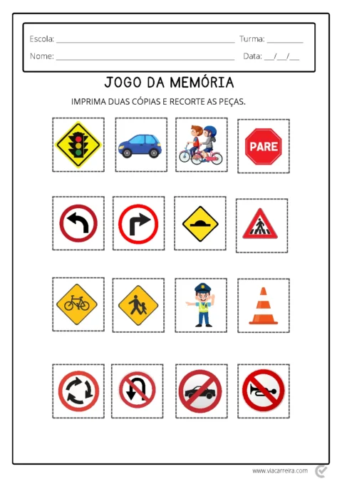 Imagem de um jogo da memória com sinais de trânsito e instruções para imprimir e recortar.