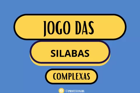 Imagem com o título 'Jogo das Sílabas Complexas' em fundo azul com botões amarelos.