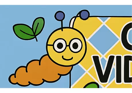 Ilustração de uma lagarta sorridente usando óculos, com folhas verdes ao fundo.