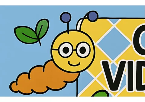 Ilustração de uma lagarta sorridente usando óculos, com folhas verdes ao fundo.