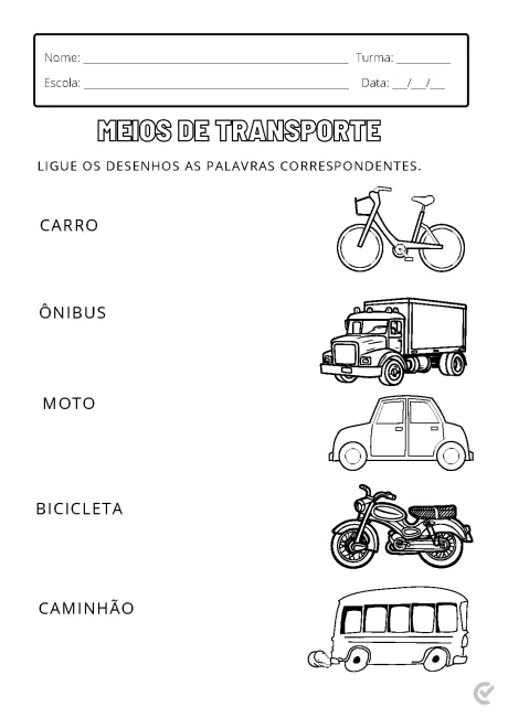 Atividade educacional sobre meios de transporte, com desenhos de carro, ônibus, moto, bicicleta e caminhão.