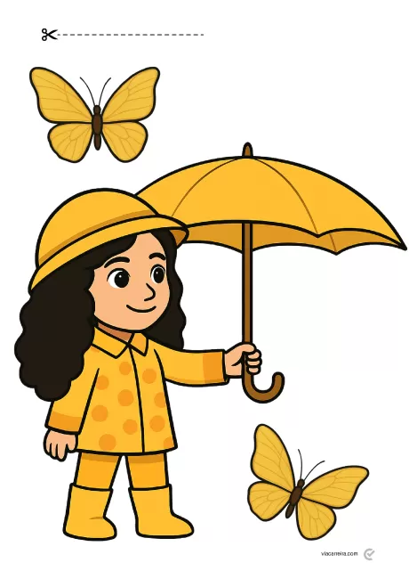 Uma menina com cabelo cacheado, vestindo um macacão amarelo com bolinhas, segurando um guarda-chuva amarelo, cercada por borboletas amarelas.