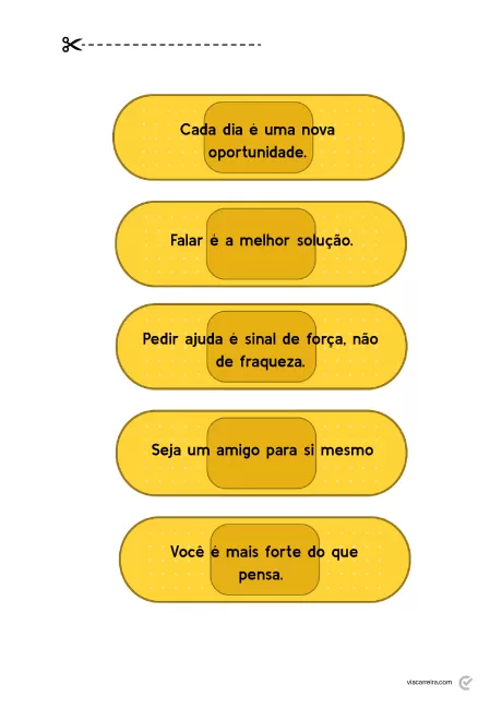Quatro mensagens motivacionais em caixas amarelas com fundo branco.