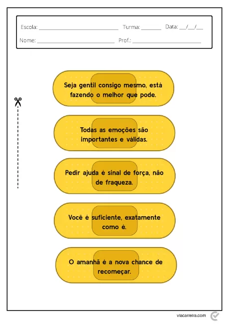 Cartão com mensagens motivacionais sobre gentileza, emoções, ajuda, força, autoestima e recomeço.
