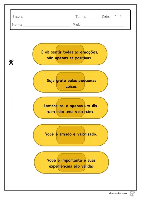 Cartão com mensagens motivacionais sobre a importância de reconhecer e valorizar emoções.