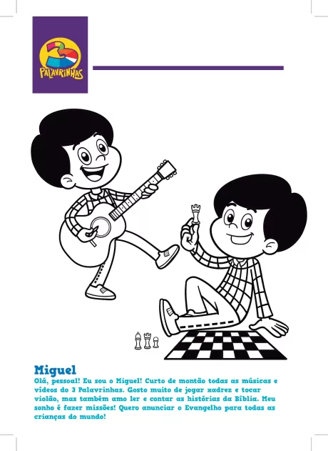 Ilustração de Miguel tocando violão e jogando xadrez