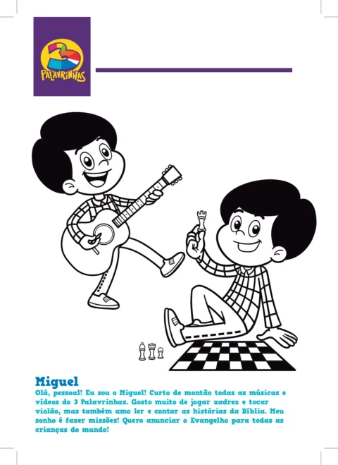 Ilustração de Miguel tocando violão e jogando xadrez