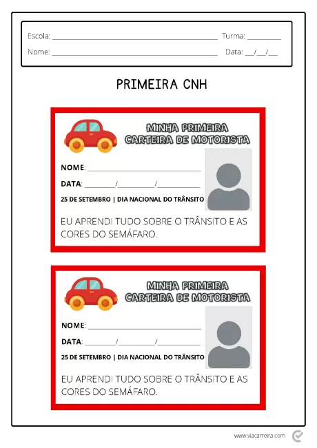 Cartão ilustrativo da primeira carteira de motorista com informações sobre o trânsito e cores do semáforo.