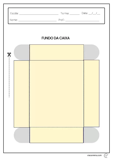 Desenho em branco para recorte do fundo de uma caixa, com linhas de corte e espaço para informações escolares.