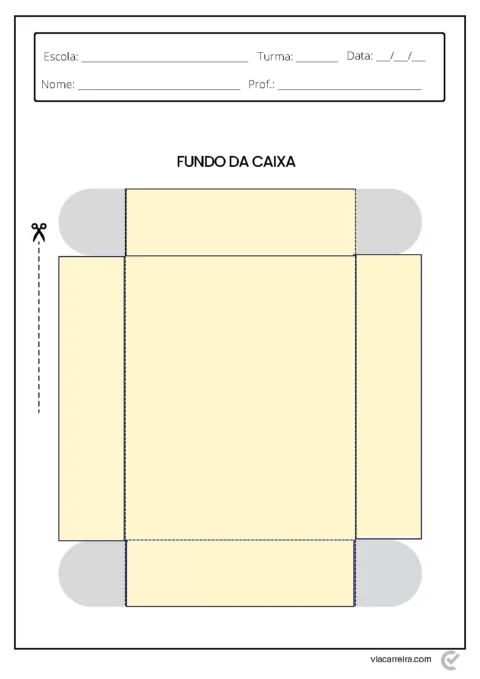 Desenho em branco para recorte do fundo de uma caixa, com linhas de corte e espaço para informações escolares.