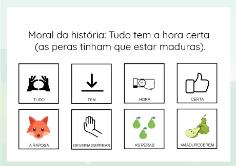Ilustrações representando a moral da história sobre a hora certa das peras.