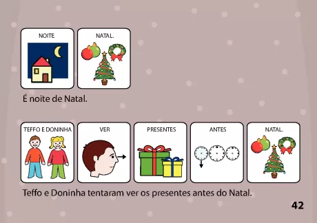 Ilustração de uma casa com uma árvore de Natal e duas crianças tentando ver presentes.