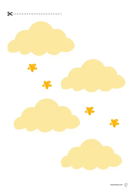 Ilustração de nuvens amarelas e flores laranjas no céu.