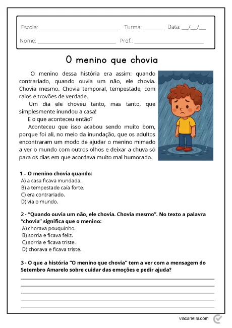 Ilustração de um menino triste em um dia chuvoso, com perguntas sobre a história ao lado.