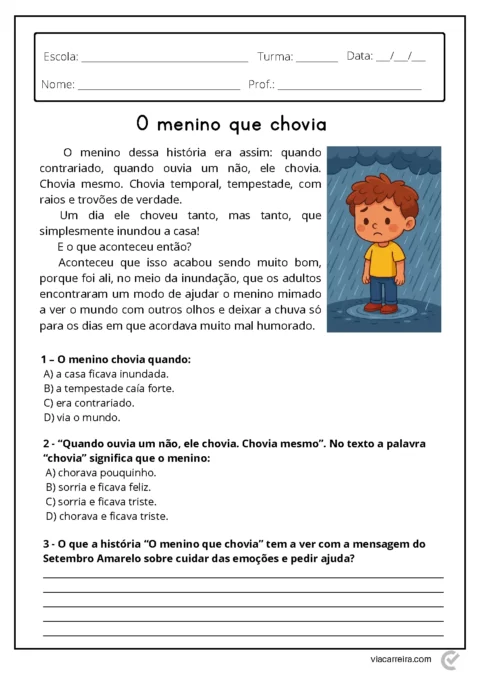 Ilustração de um menino triste em um dia chuvoso, com perguntas sobre a história ao lado.