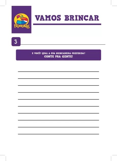 Página em branco para atividades com o título 'Vamos Brincar' e espaço para escrever sobre a brincadeira preferida.