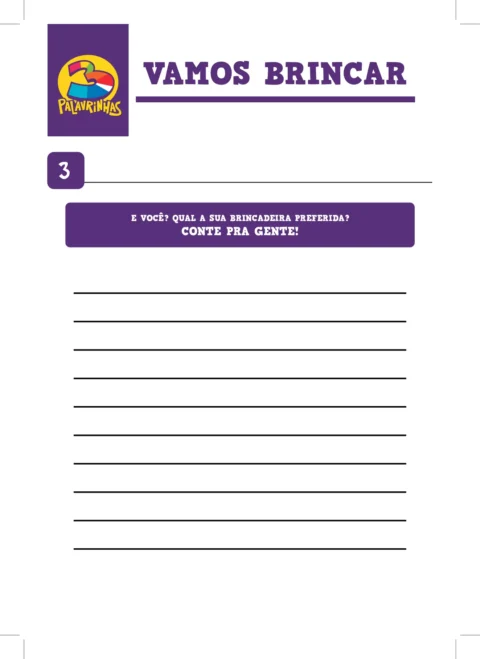 Página em branco para atividades com o título 'Vamos Brincar' e espaço para escrever sobre a brincadeira preferida.