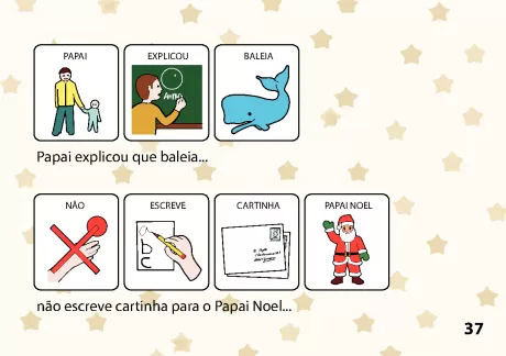 Ilustração de um pai explicando sobre uma baleia e uma criança não escrevendo cartinha para o Papai Noel.