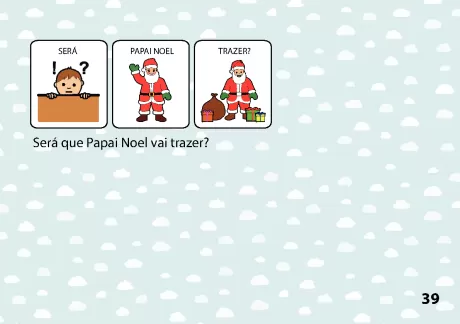 Criança perguntando sobre o que Papai Noel vai trazer, com imagens de Papai Noel e presentes.