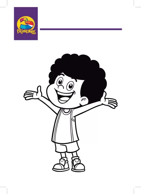 Desenho de um menino com cabelo cacheado e camiseta, sorrindo e com os braços abertos.