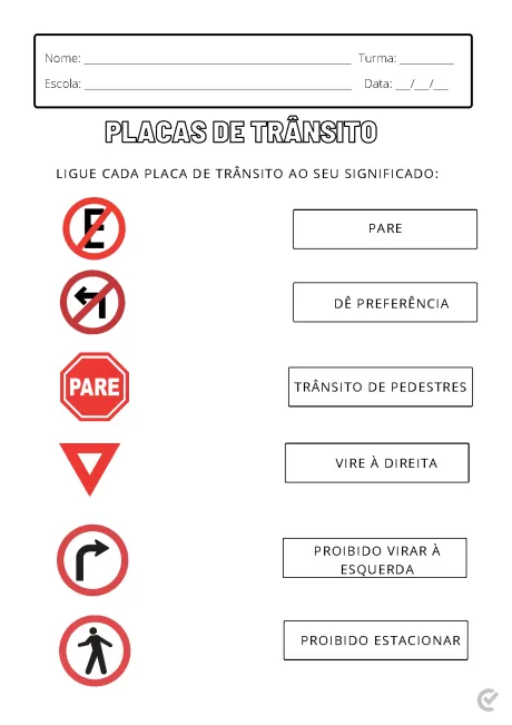 Atividade educativa sobre placas de trânsito com instruções para ligar cada placa ao seu significado.