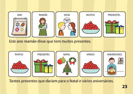 Ilustrações de presentes e uma árvore de Natal com bolinhas vermelhas.