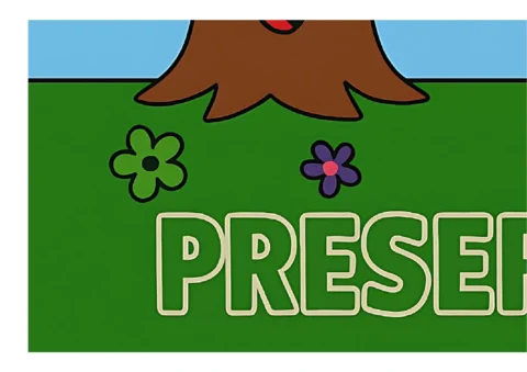 Ilustração colorida com flores e a palavra 'PRESERVAR'
