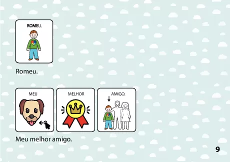 Ilustrações de Romeu e seu melhor amigo com ícones representativos.