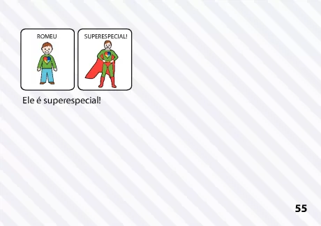 Desenho de um menino chamado Romeu e sua versão super-herói com capa