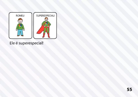 Desenho de um menino chamado Romeu e sua versão super-herói com capa