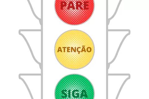 Semáforo com luzes vermelha, amarela e verde indicando pare, atenção e siga.
