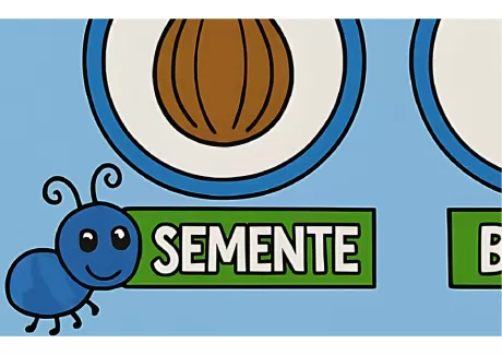 Ilustração de uma formiga azul ao lado da palavra 'SEMENTE' em destaque.