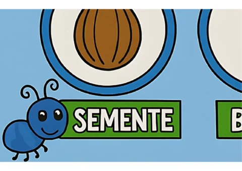Ilustração de uma formiga azul ao lado da palavra 'SEMENTE' em destaque.