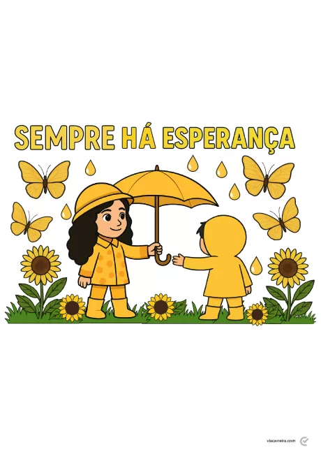 Ilustração de duas crianças com guarda-chuvas amarelos, rodeadas por flores e borboletas, simbolizando esperança.
