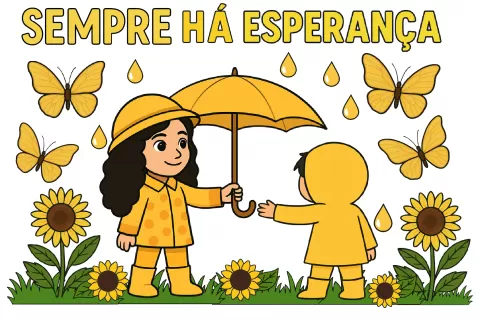 Ilustração de duas crianças com guarda-chuvas amarelos, rodeadas por flores e borboletas, simbolizando esperança.