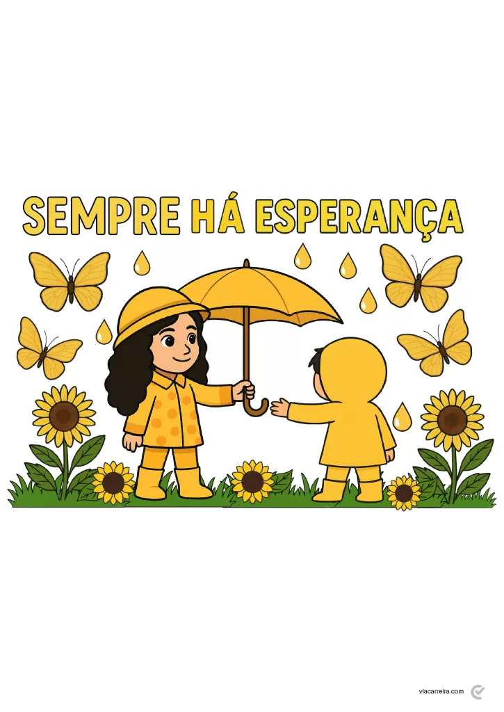 Ilustração de duas crianças com guarda-chuvas amarelos, rodeadas por flores e borboletas, simbolizando esperança.