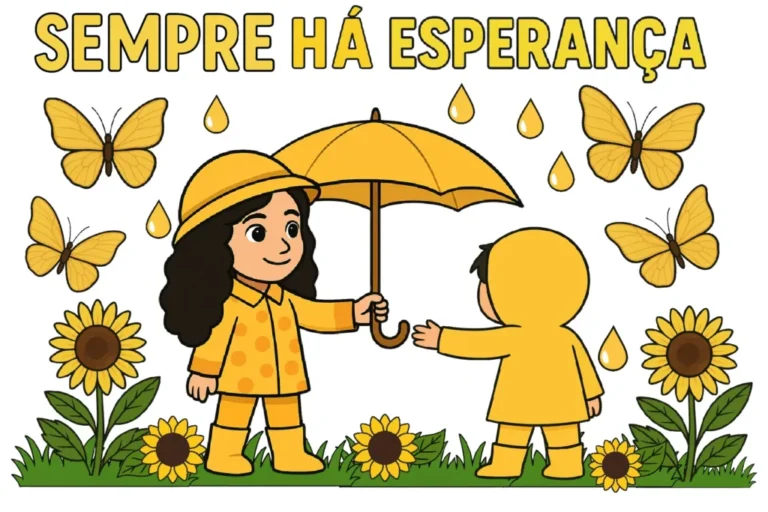 Ilustração de duas crianças com guarda-chuvas amarelos, rodeadas por flores e borboletas, simbolizando esperança.