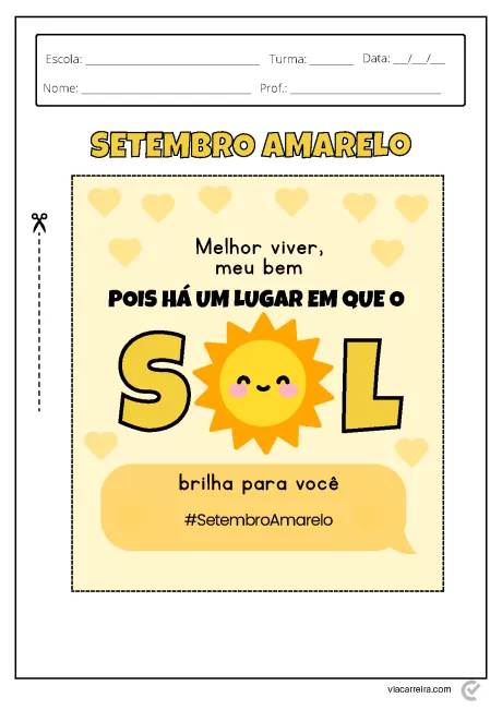 Cartaz sobre Setembro Amarelo com sol sorridente e mensagem de apoio.