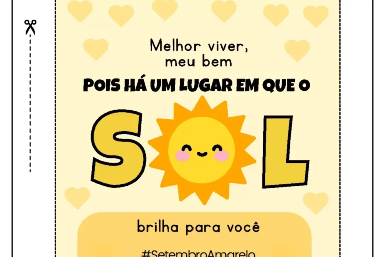 Cartaz sobre Setembro Amarelo com sol sorridente e mensagem de apoio.