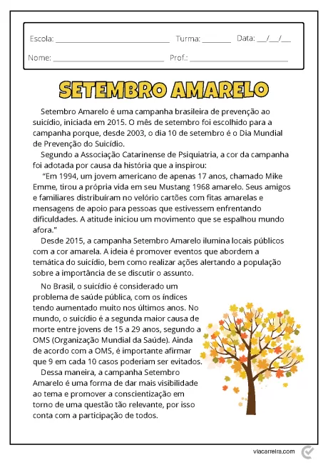 Cartaz informativo sobre a campanha Setembro Amarelo, com uma árvore e informações sobre a prevenção ao suicídio.
