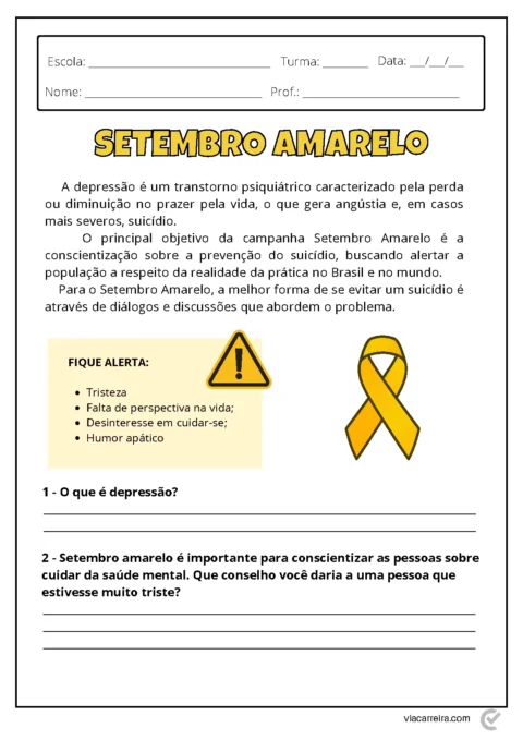 Cartaz informativo sobre a campanha Setembro Amarelo, abordando a depressão e a prevenção do suicídio.
