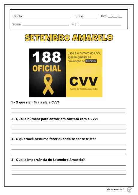 Atividade educacional sobre o Setembro Amarelo e o CVV, com perguntas sobre prevenção ao suicídio.
