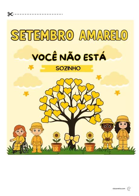 Ilustração colorida com crianças e um árvore cheia de corações amarelos, simbolizando o Setembro Amarelo.