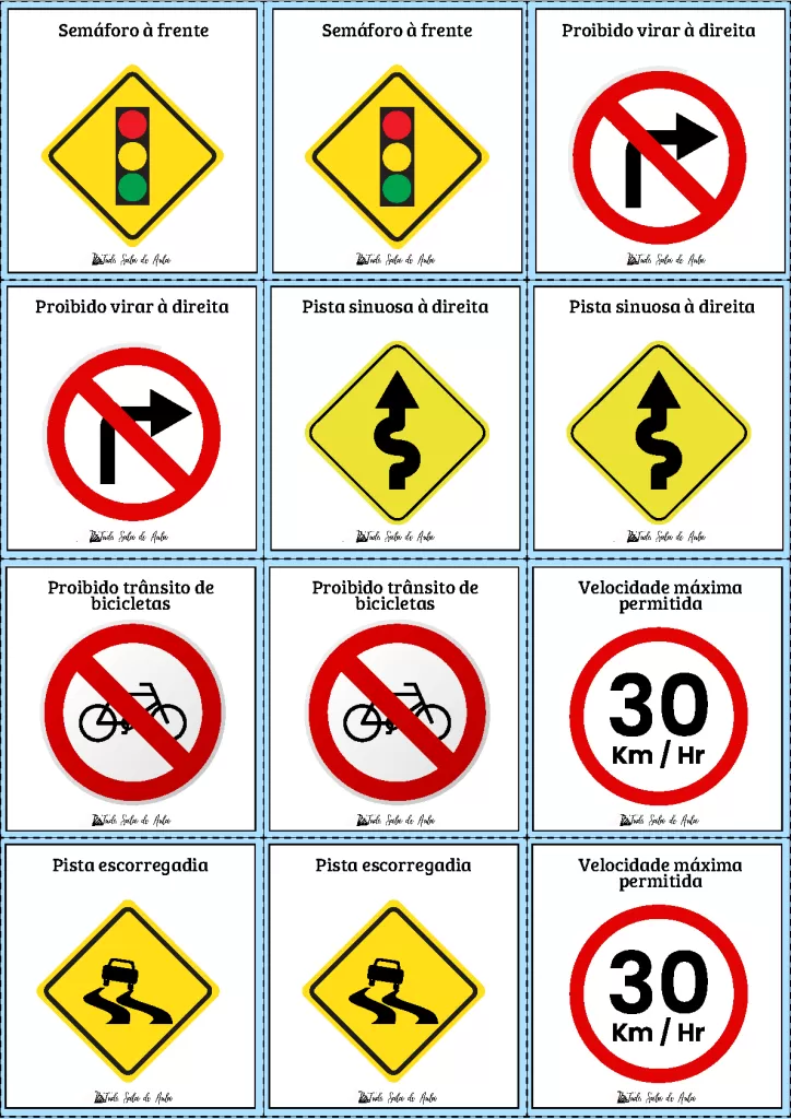 Conjunto de sinais de trânsito incluindo semáforos e placas de proibição e advertência.