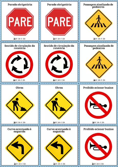 Conjunto de sinais de trânsito e obras, incluindo 'Parada obrigatória', 'Passagem sinalizada de pedestres', 'Sentido de circulação da rotatória', 'Obras', 'Curva acentuada à esquerda' e 'Proibido acionar buzina'.
