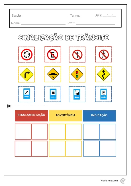 Atividade educativa sobre sinalização de trânsito com diferentes tipos de sinais.