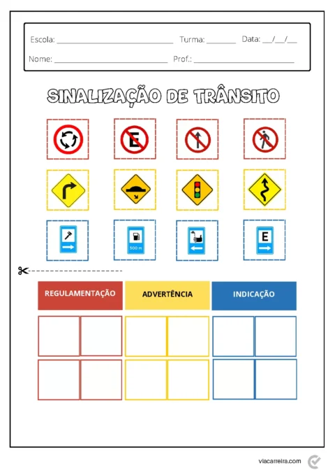 Atividade educativa sobre sinalização de trânsito com diferentes tipos de sinais.