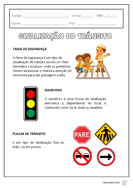 Ilustração sobre sinalização de trânsito com crianças e um semáforo.